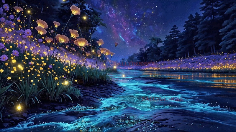 【動く背景】星降る夜の蛍川と輝く花園 - 幻想的な夜の風景【VTuber/配信/OBS】