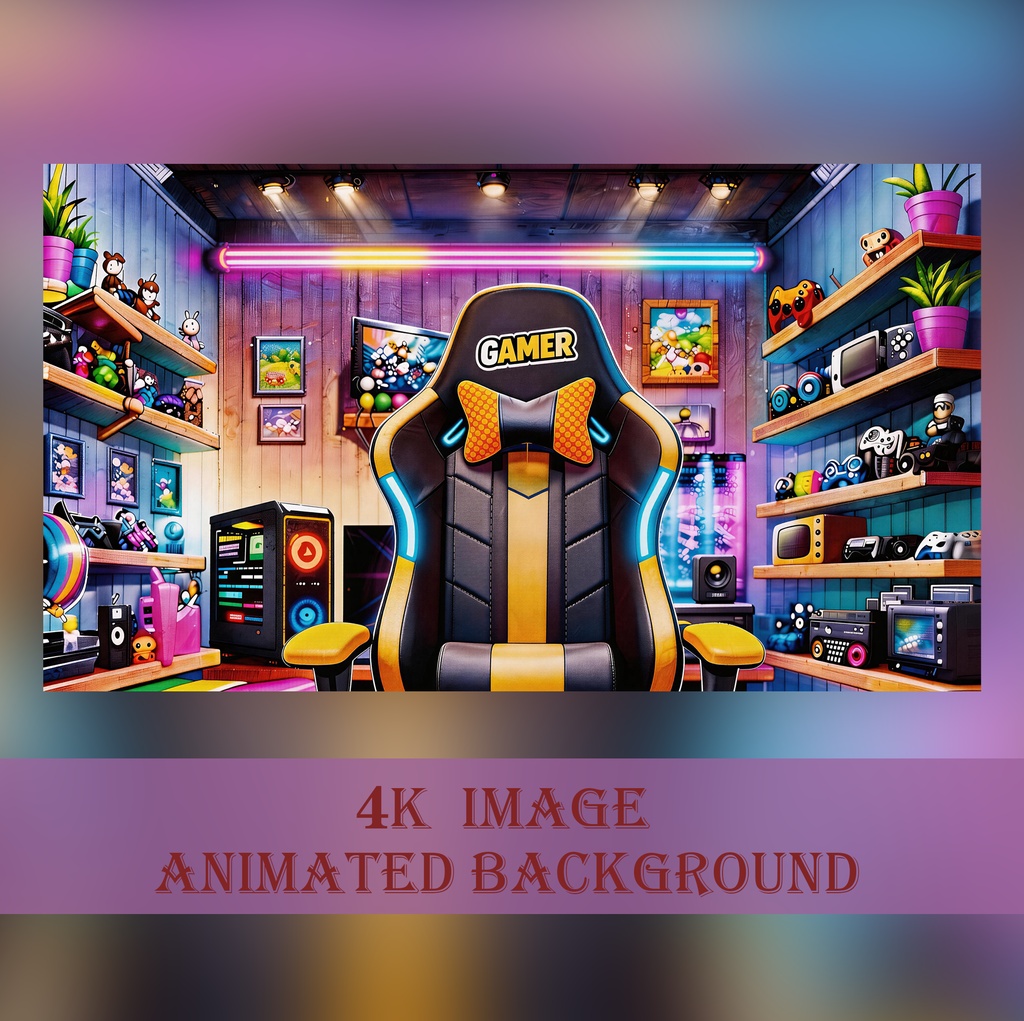 【動く背景】ネオン輝くゲーミングルーム - おもちゃとゲームに囲まれた秘密基地【VTuber/配信画面/OBS/ループ対応】