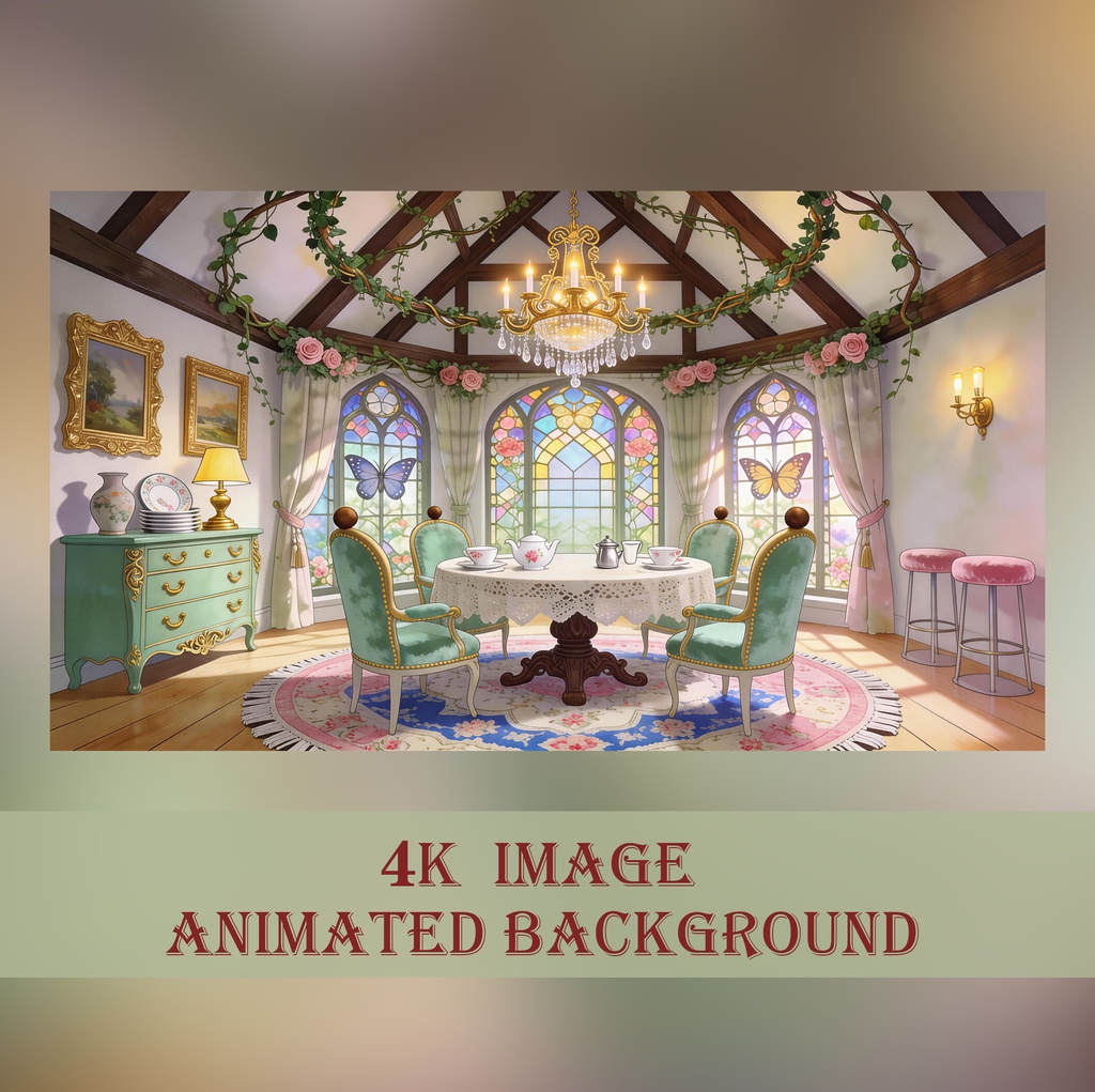 【動く背景】薔薇が彩るアンティークなお茶会 - 輝くステンドグラスの優雅な部屋【VTuber/配信画面/OBS/ループ対応】