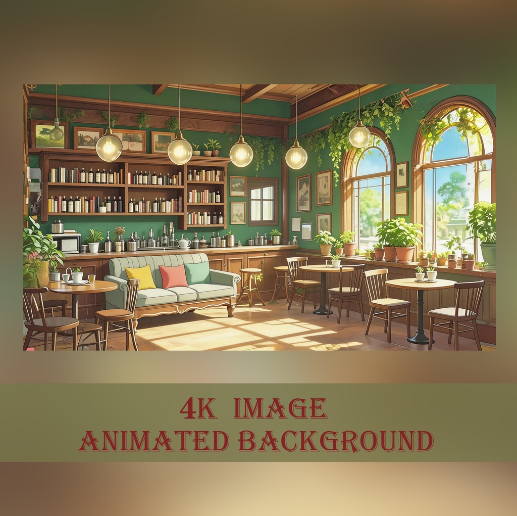 【動く背景】木漏れ日差し込むレトロカフェ - 緑に囲まれた癒やしの図書室【VTuber/配信画面/OBS/ループ対応】