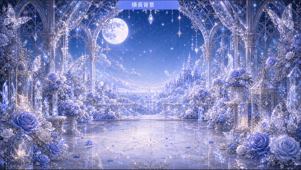 【動く背景/豪華セット】クリスタルと青い薔薇の宮殿 - 横縦版+UIパーツ付き【VTuber/配信画面/OBS/ループ対応】