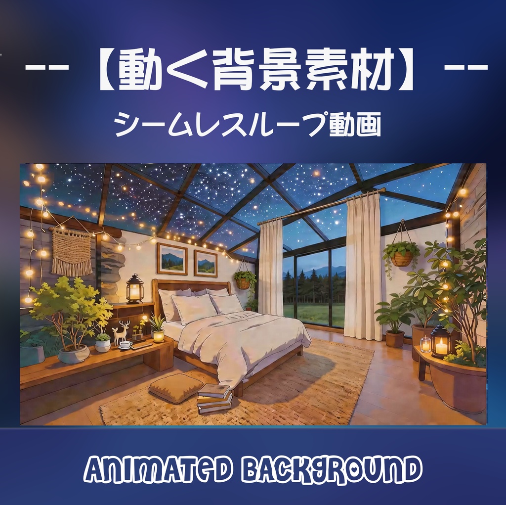 【背景素材】星空広がるガラス天窓の寝室 - 灯りと緑に癒やされる部屋【VTuber/配信画面/ASMR/ループ対応】