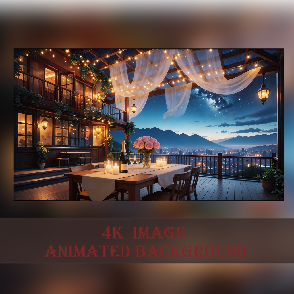 【VTuber Background】Romantic Night Terrace with City View イルミネーションと癒やしの空間【動く背景/4K/Loop】
