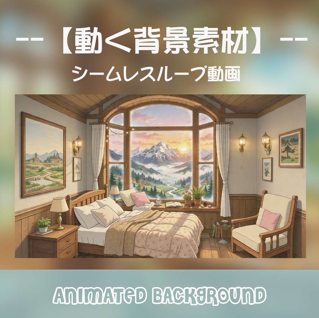 動く背景 雪山 ログハウス 配信画面 寝室 お部屋 窓の外に広がるアルプス山脉の夕日 ループ動画