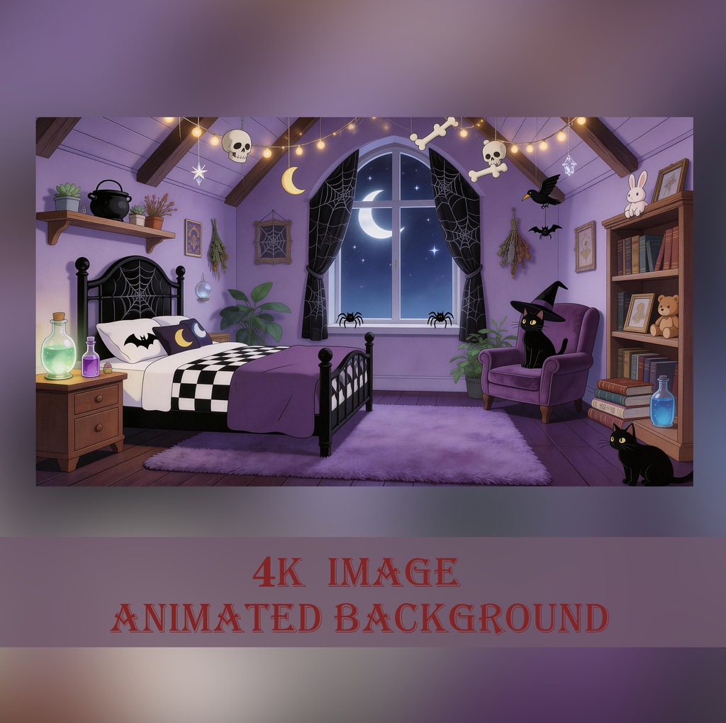 動く背景素材「魔法使いのハロウィンルーム」魔女の部屋 シームレスループ動画 / 配信・VTuber・TRPG用 [MP4]