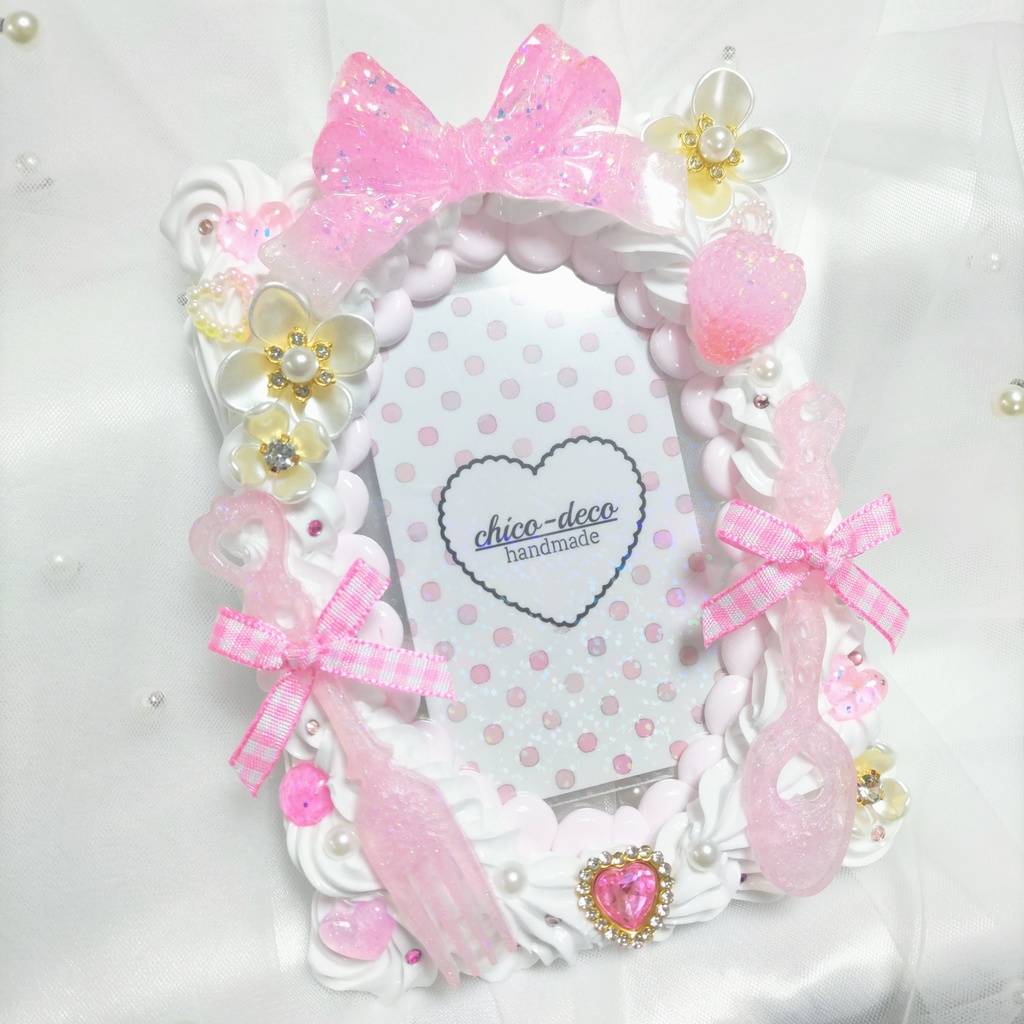 【B7 L版】ホイップデコ ケーキ風 白×ピンク 硬質ケースデコ ブロマイドケース