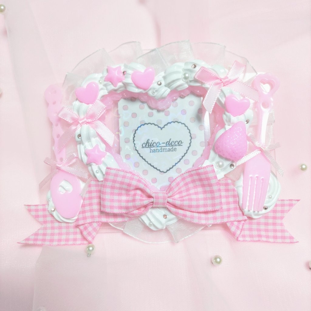 【B7 L版 】ホイップデコ ハートいちごケーキ ピンク チェック デコケース トレカ