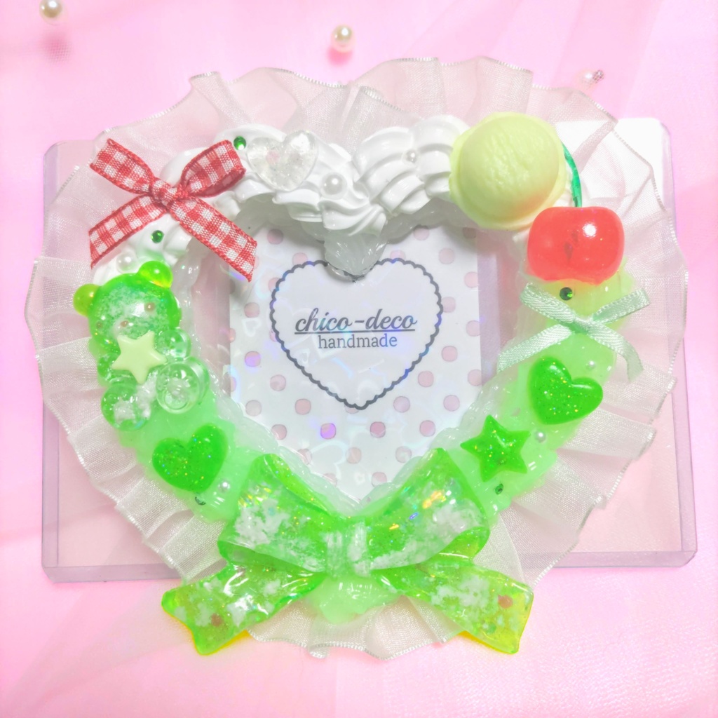 【B7 L版 】ホイップデコ メロンクリームソーダ ハート 空色 デコケース 緑