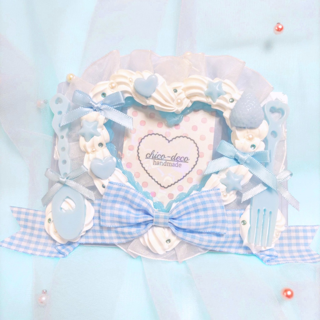 【B7 L版 】ホイップデコ ハートいちごケーキ 水色 チェックリボン ケース