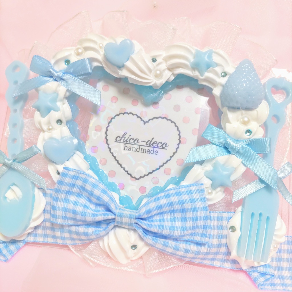 【B7 L版 】ホイップデコ ハートいちごケーキ 水色 チェックリボン ケース