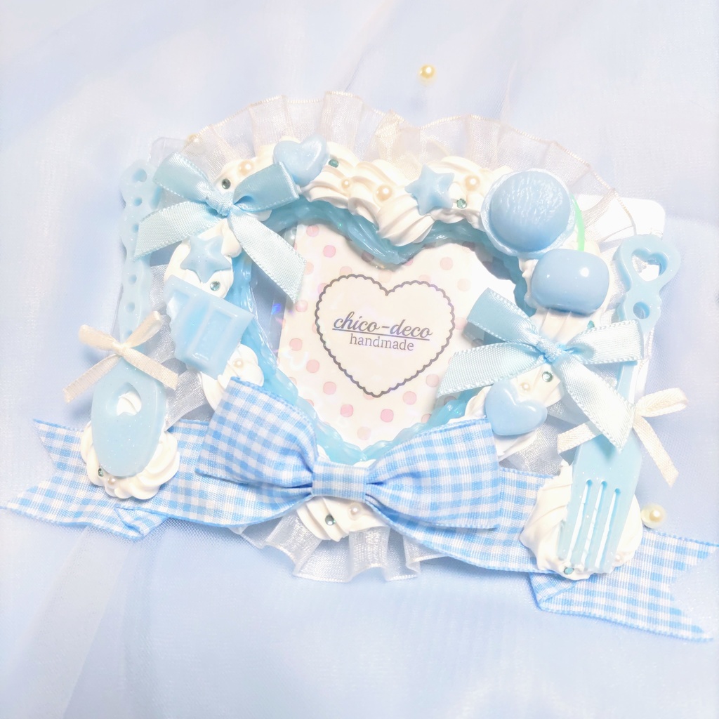 【B7 L版 】ホイップデコ ハートケーキ 水色 リボン 硬質ケース
