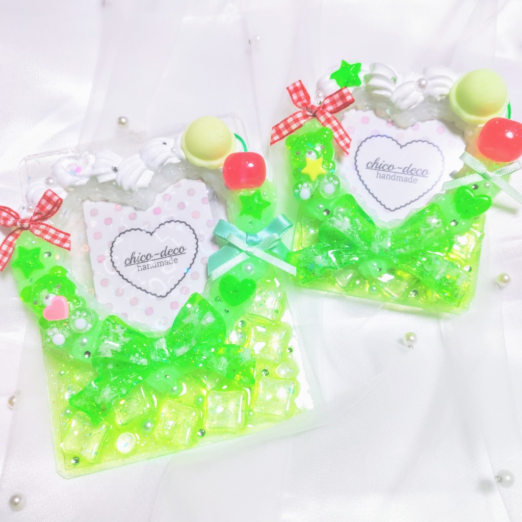 【B7 L版 】ホイップデコ メロンクリームソーダ ハート 空色 デコケース 緑