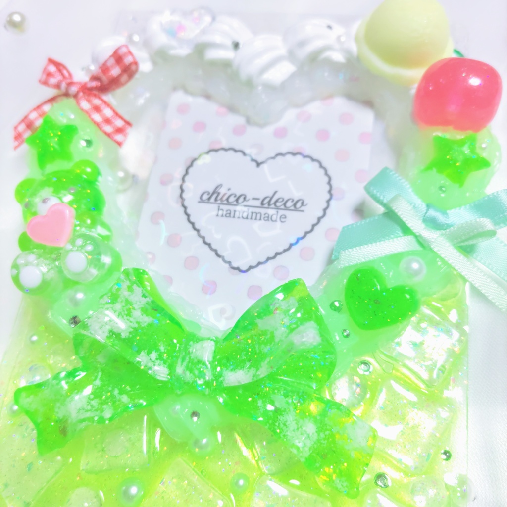 【B7 L版 】ホイップデコ メロンクリームソーダ ハート 空色 デコケース 緑