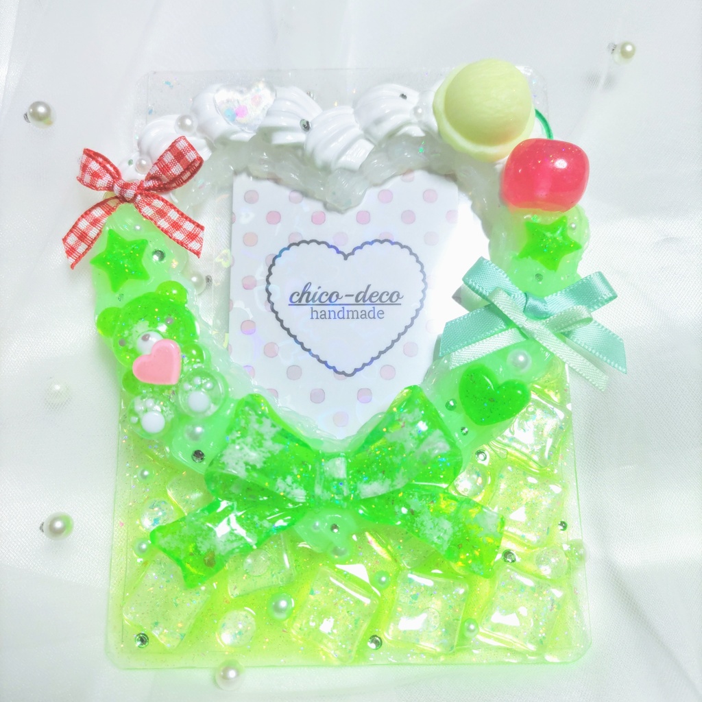 【B7 L版 】ホイップデコ メロンクリームソーダ ハート 空色 デコケース 緑