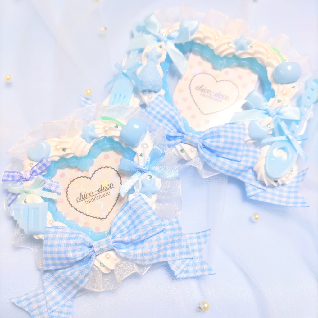 【B7 L版 】ホイップデコ ハートケーキ 水色 リボン 硬質ケース