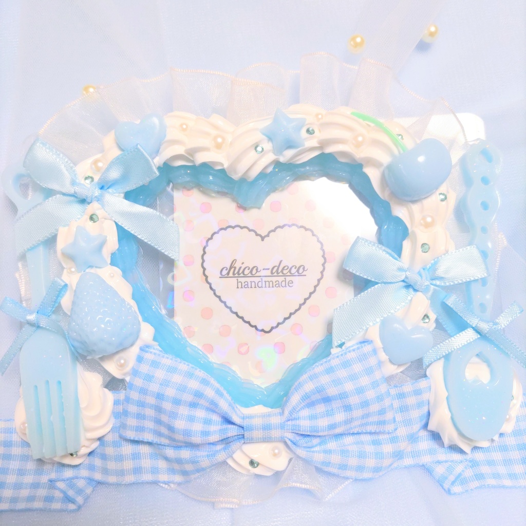 【B7 L版 】ホイップデコ ハートケーキ 水色 リボン 硬質ケース