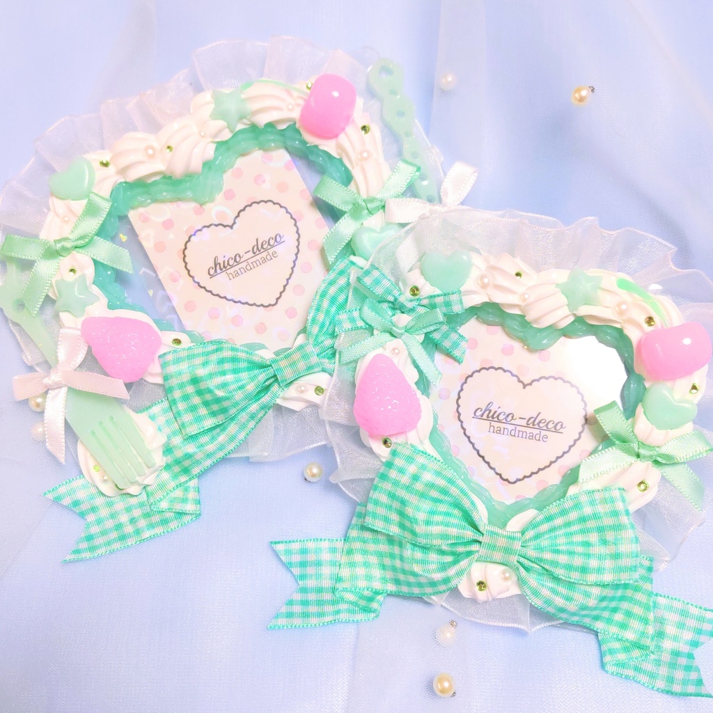 【B7 L版】ホイップデコ ハートケーキ 緑 リボン 硬質ケース