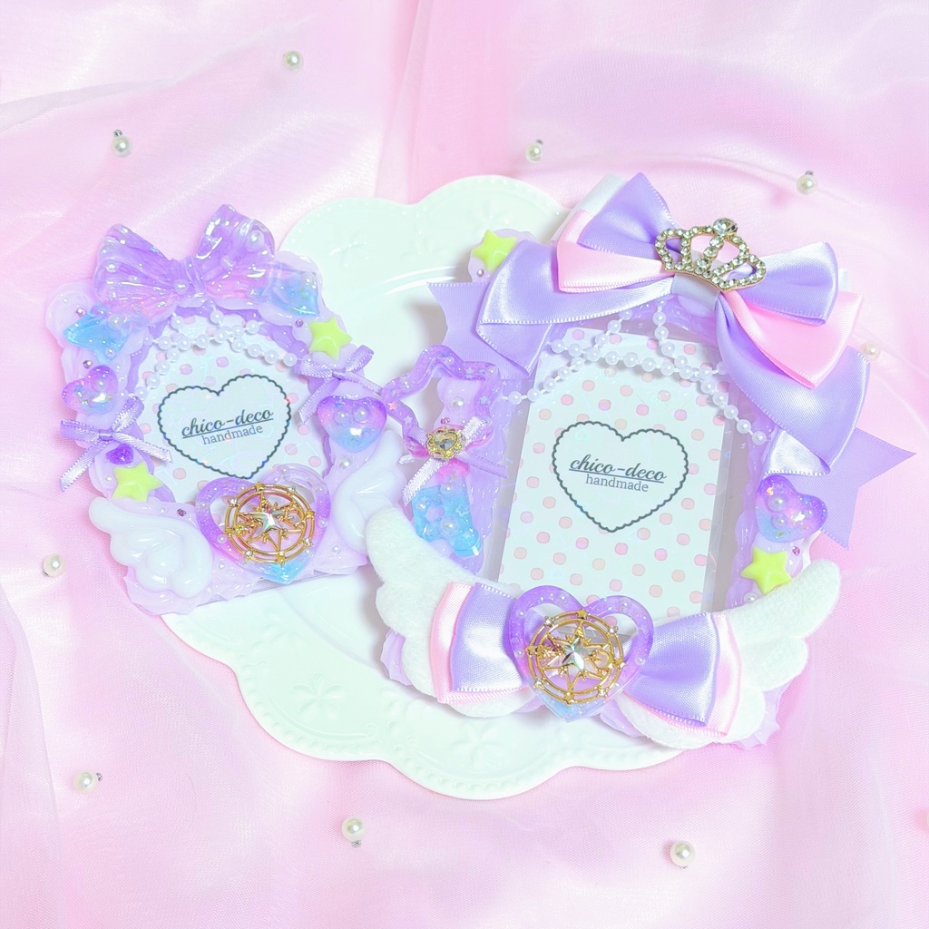 【B7 L版】ホイップデコ 魔法少女 紫 ピンク 硬質ケース 平成女児 トレカケース ハンドメイド リボン