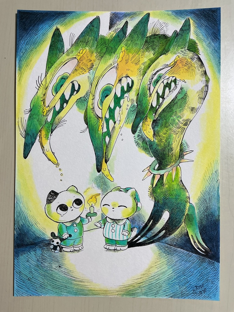 手描きイラスト原画　オリジナル　title「ねむれない夜」A4サイズ