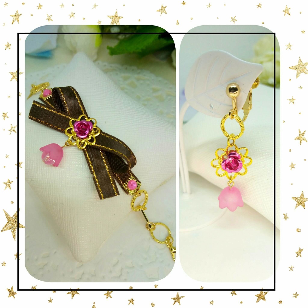 推し色♡リボンブレス&フラワーピアス/イヤリング