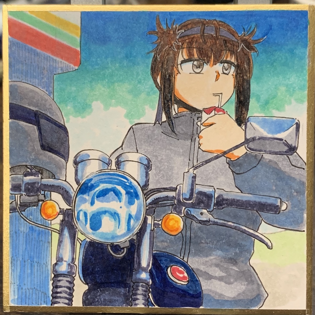 初月とバイク 豆色紙7.5×7.5cm