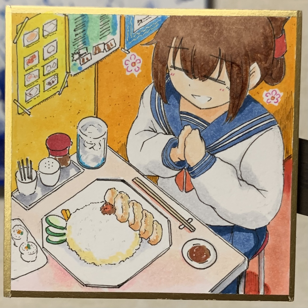 シンガポールチキンライスを食べる電 豆色紙7.5×7.5cm