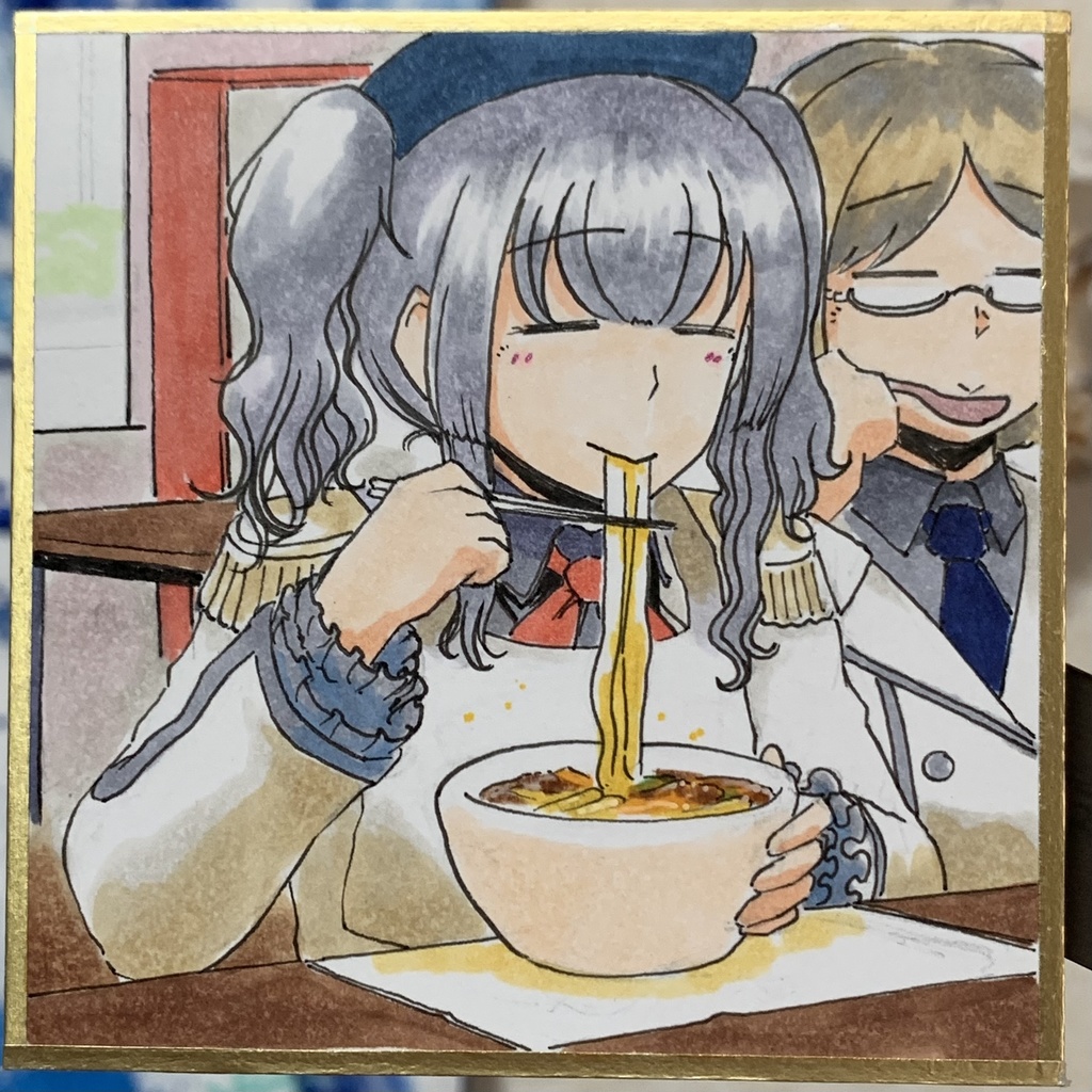 オーダー品 カレーうどん食す鹿島 豆色紙7.5×7.5cm