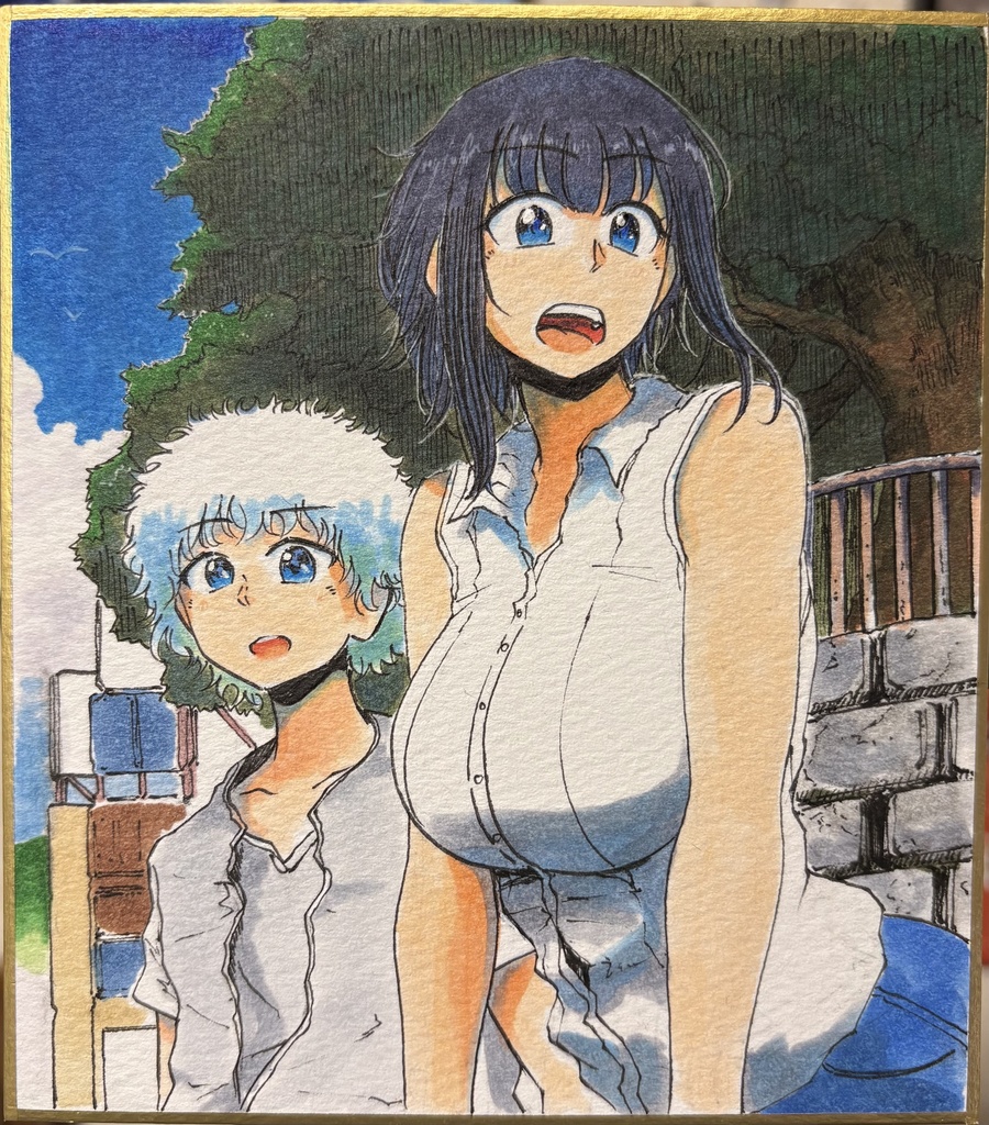 熱海散策中の高雄と野良 "坂道で" 12×13cm