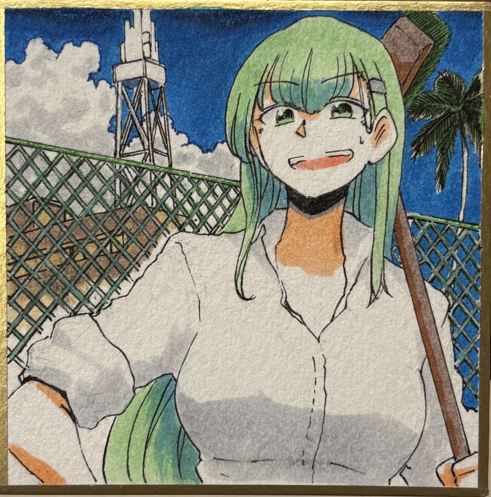 プール清掃する鈴谷 豆色紙7.5×7.5cm