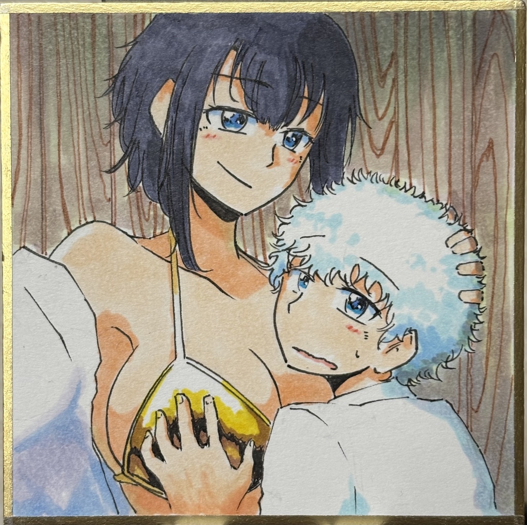 ど田舎バス停の金ビキニ高雄と野良 豆色紙7.5×7.5cm