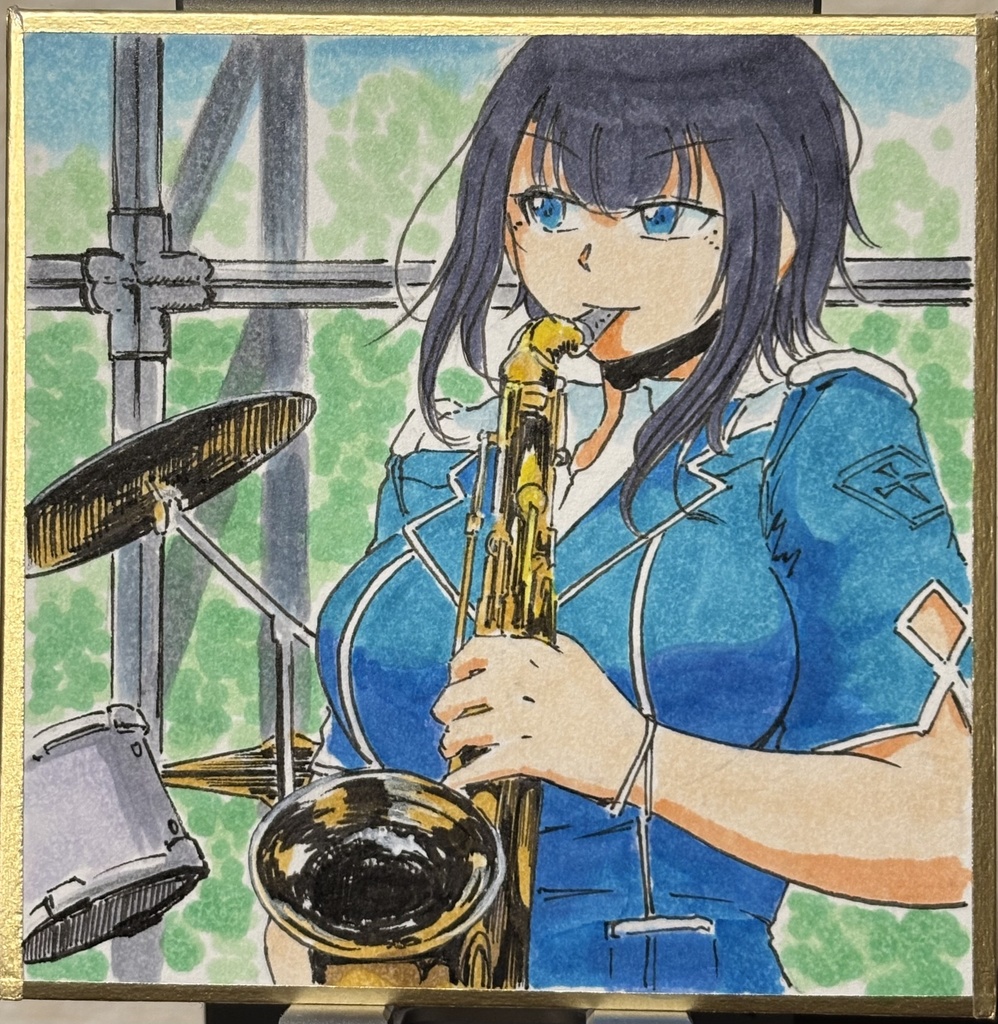 熱海音フェスでテナーサックス吹く高雄 豆色紙7.5×7.5cm