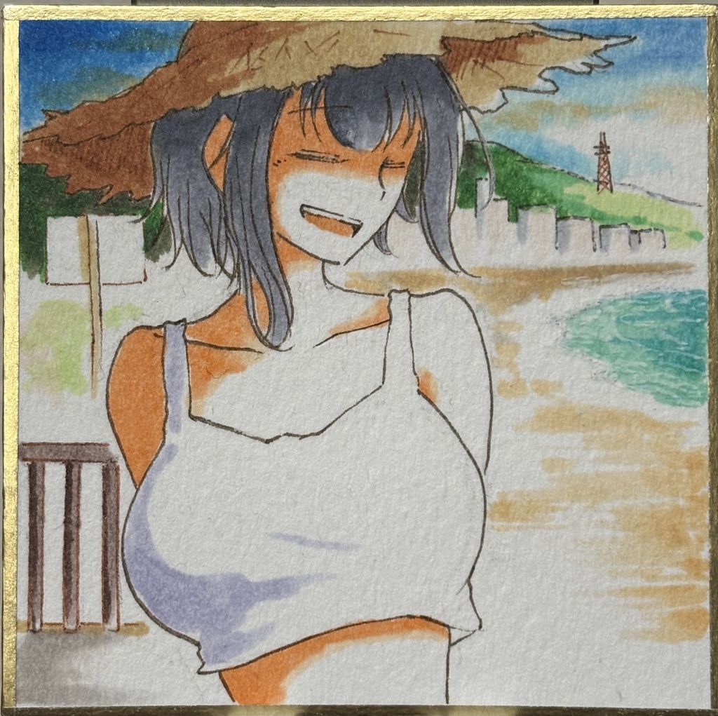 朝の熱海の海岸近くを散歩する高雄 豆色紙7.5×7.5cm