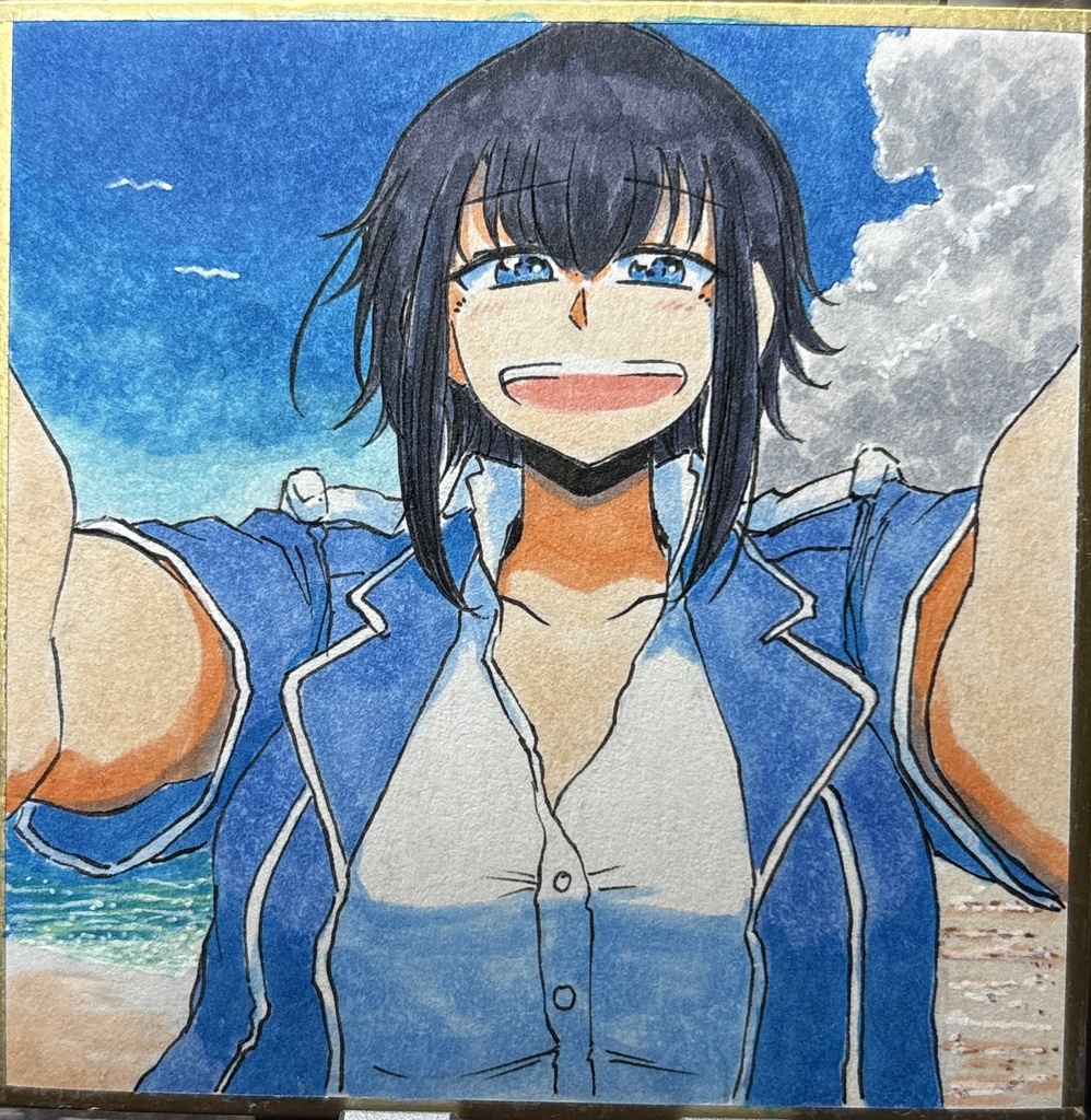 高雄 自宅前海にて　豆色紙7.5×7.5cm