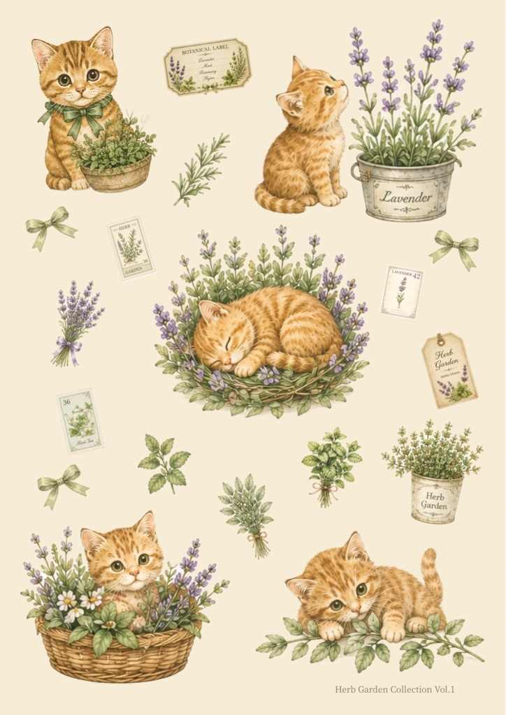 Herb Garden Collection Vol.1 茶トラとハーブのコラージュ素材シート