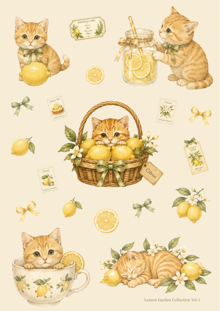 Lemon Garden Collection Vol.1 茶トラ猫とレモンのコラージュ素材シート