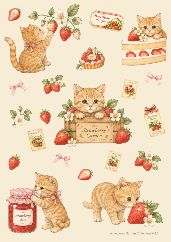 Strawberry Garden Collection Vol.1 茶トラ猫といちごのコラージュ素材シート