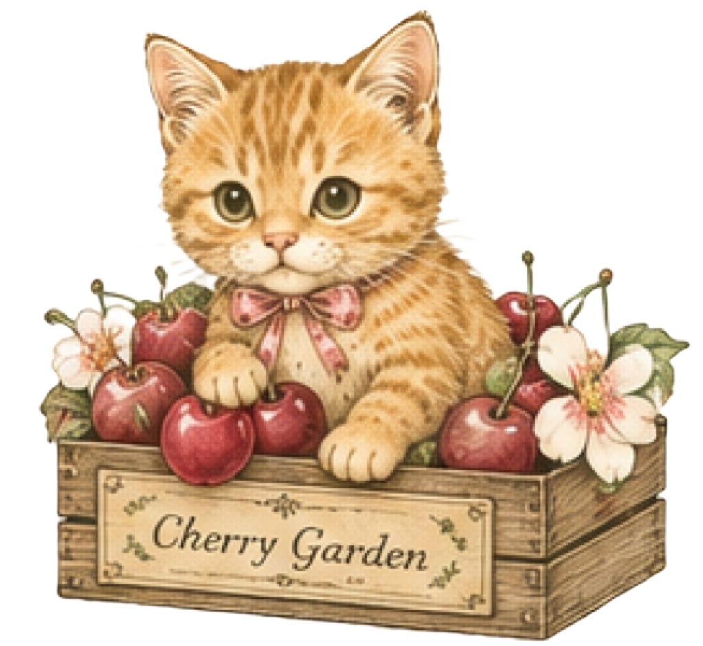 Cherry Garden Collection Vol.1 茶トラ猫とチェリーのコラージュ素材シート