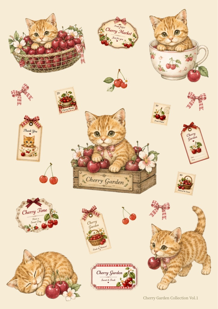 Cherry Garden Collection Vol.1 茶トラ猫とチェリーのコラージュ素材シート