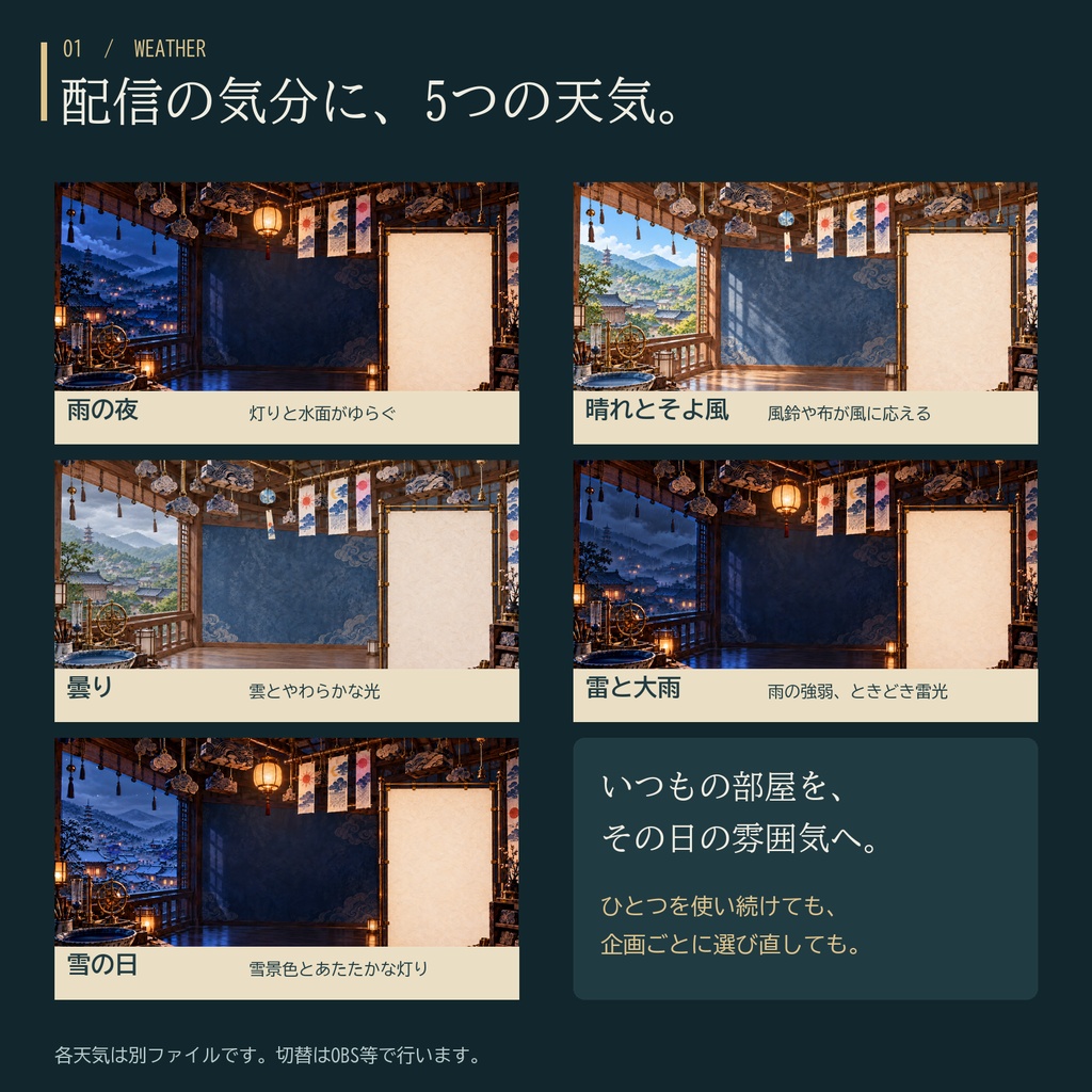 【動く配信背景】天気刷り工房|5天気×4場面・20動画【OBS】