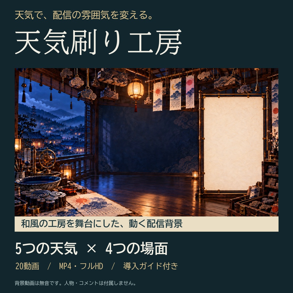 【動く配信背景】天気刷り工房｜5天気×4場面・20動画【OBS】