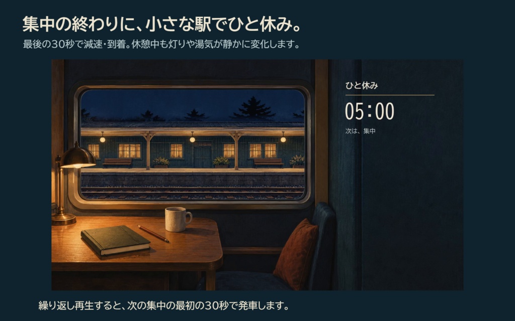 夜行便の作業席|車窓と列車音のポモドーロ動画・配信にも