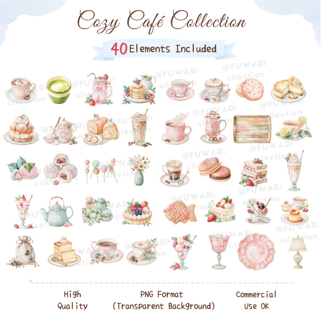 Cozy Café Watercolor Clipart Bundle | Coffee Shop PNG Elements | Commercial Use
