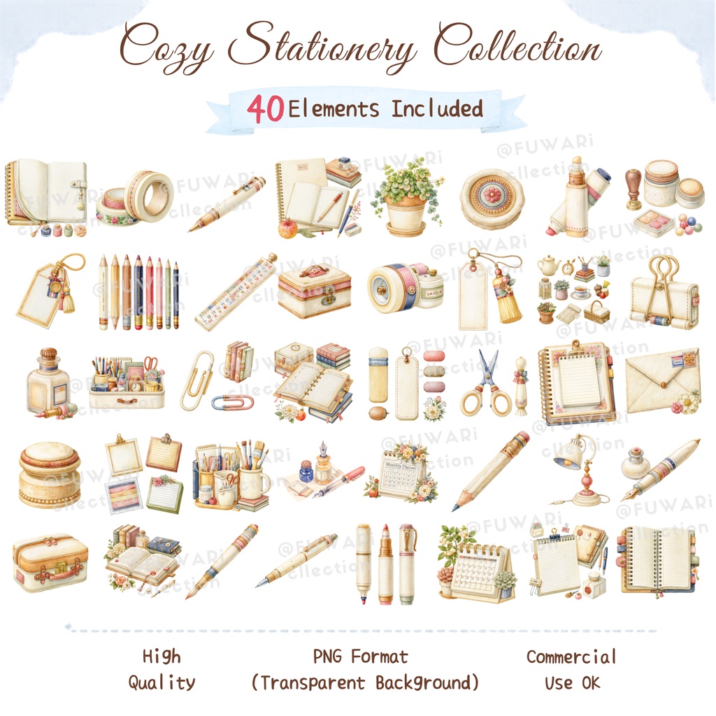 Cozy Stationery Watercolor Clipart Bundle | Planner & Journal PNG Elements