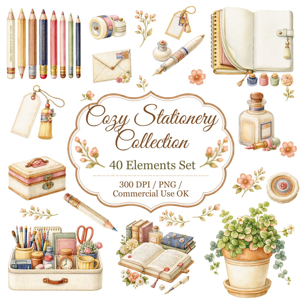 Cozy Stationery Watercolor Clipart Bundle | Planner & Journal PNG Elements