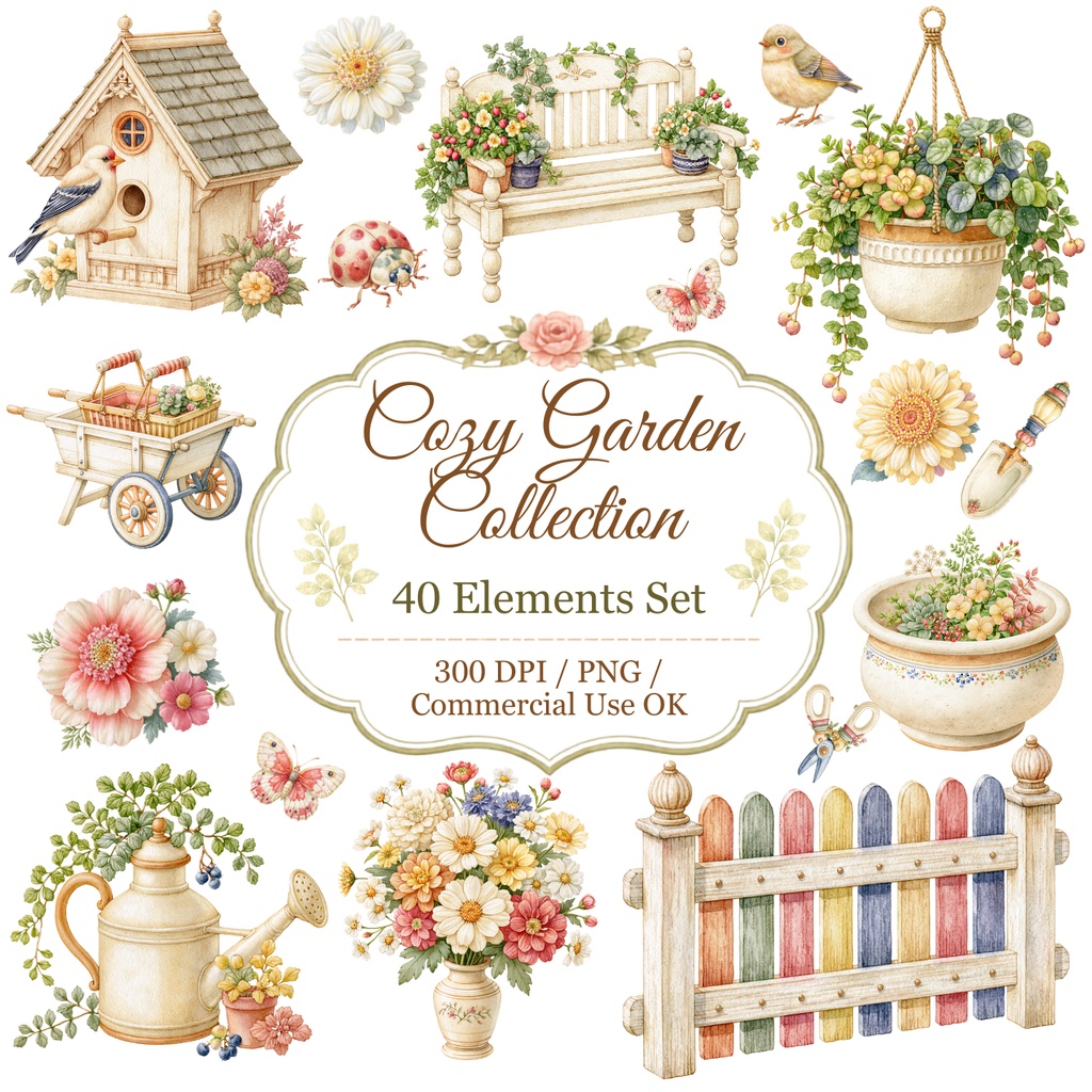 Cozy Garden Watercolor Clipart Bundle | Floral & Nature PNG Elements