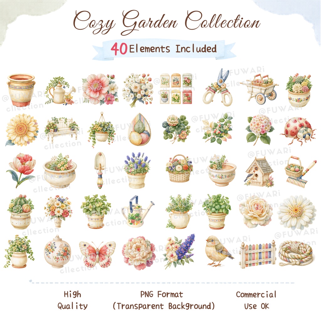 Cozy Garden Watercolor Clipart Bundle | Floral & Nature PNG Elements