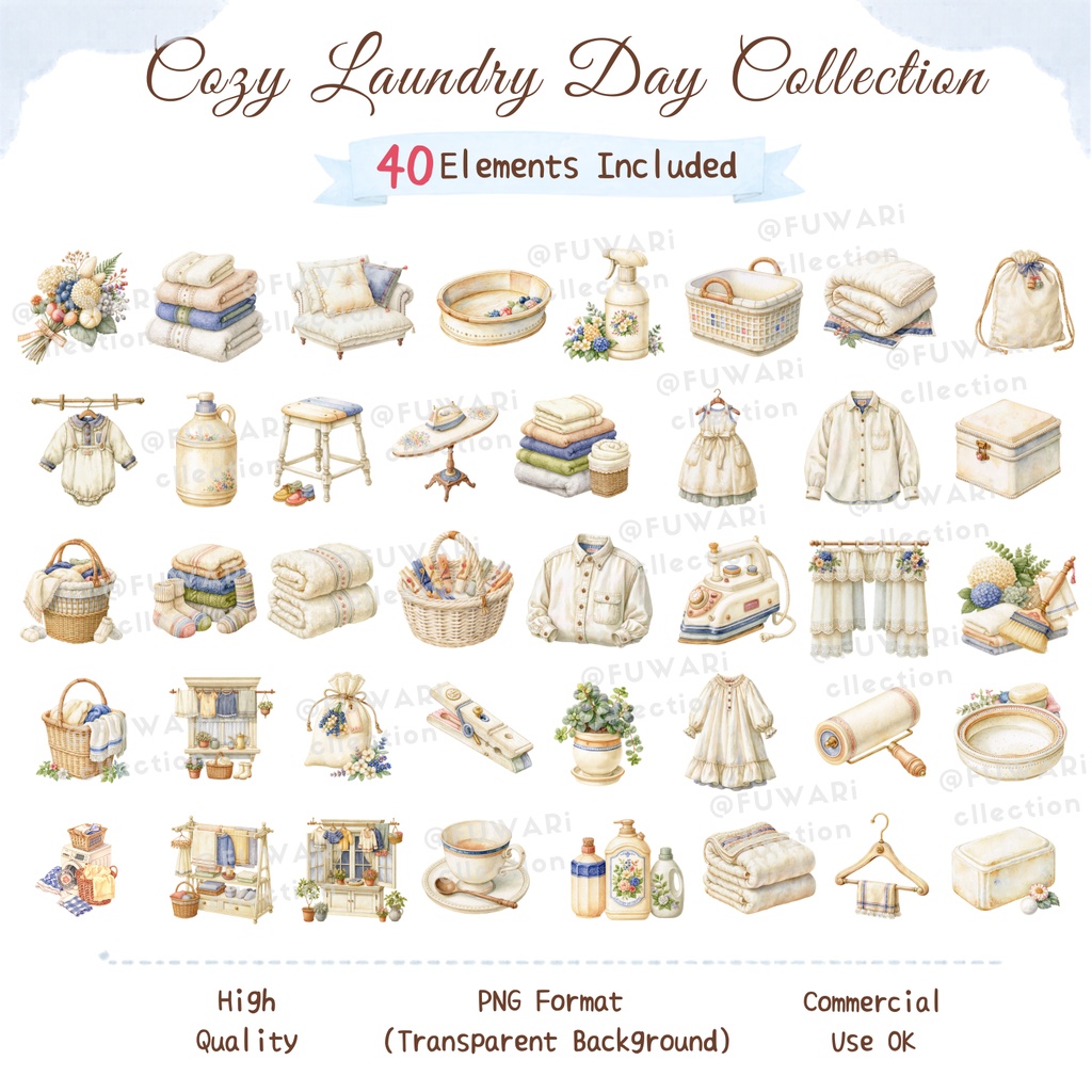 Cozy Laundry Day Watercolor Clipart Bundle | Home Life PNG Elements