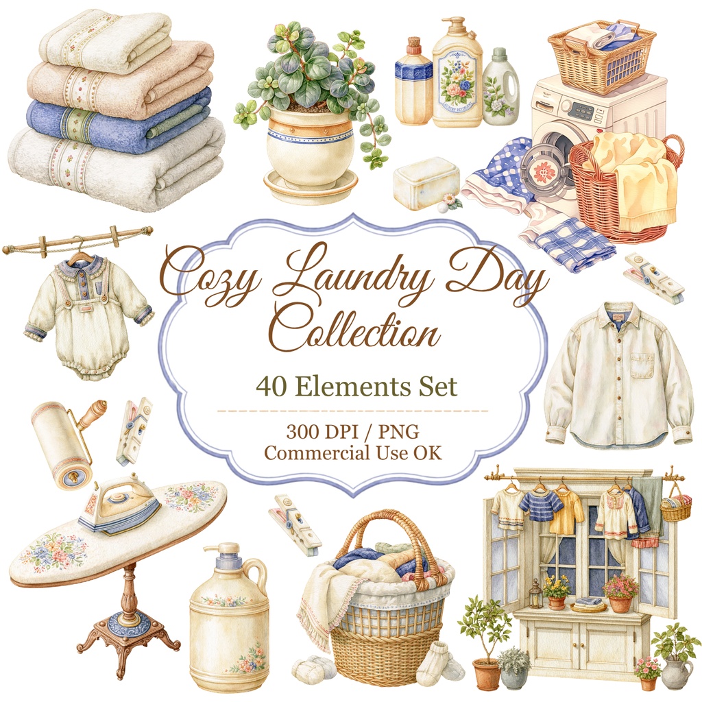 Cozy Laundry Day Watercolor Clipart Bundle | Home Life PNG Elements