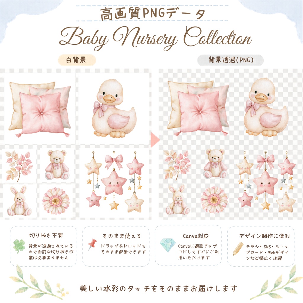 Baby Nursery Watercolor Clipart Bundle 40 PNG Elements