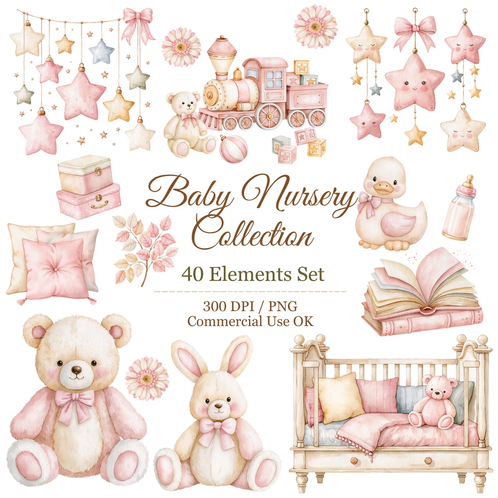 Baby Nursery Watercolor Clipart Bundle 40 PNG Elements